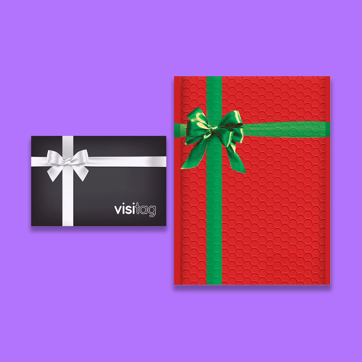 Black Visitag card with a white bow next to a red gift envelope tied with a green ribbon