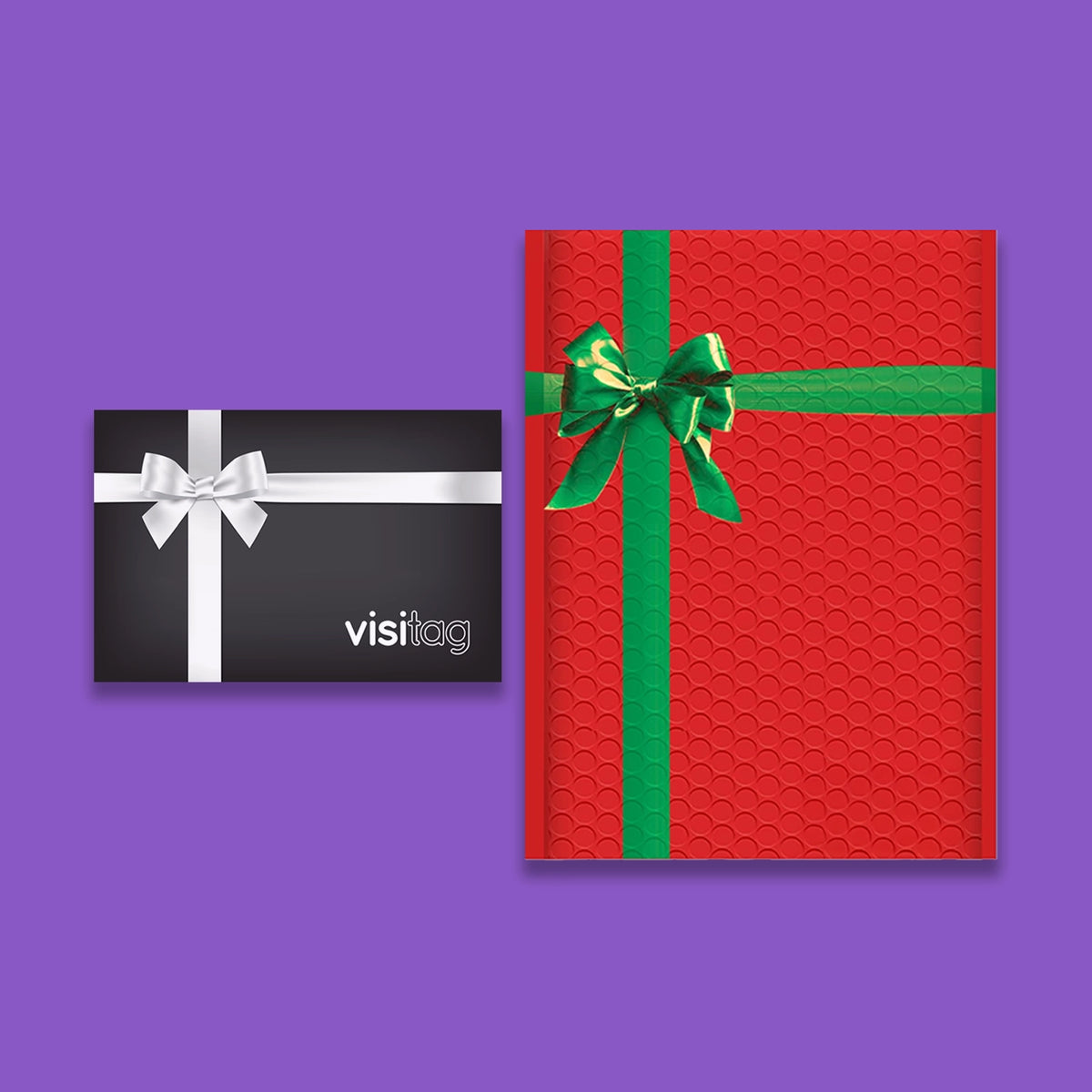 Black Visitag card with a white bow next to a red gift envelope tied with a green ribbon